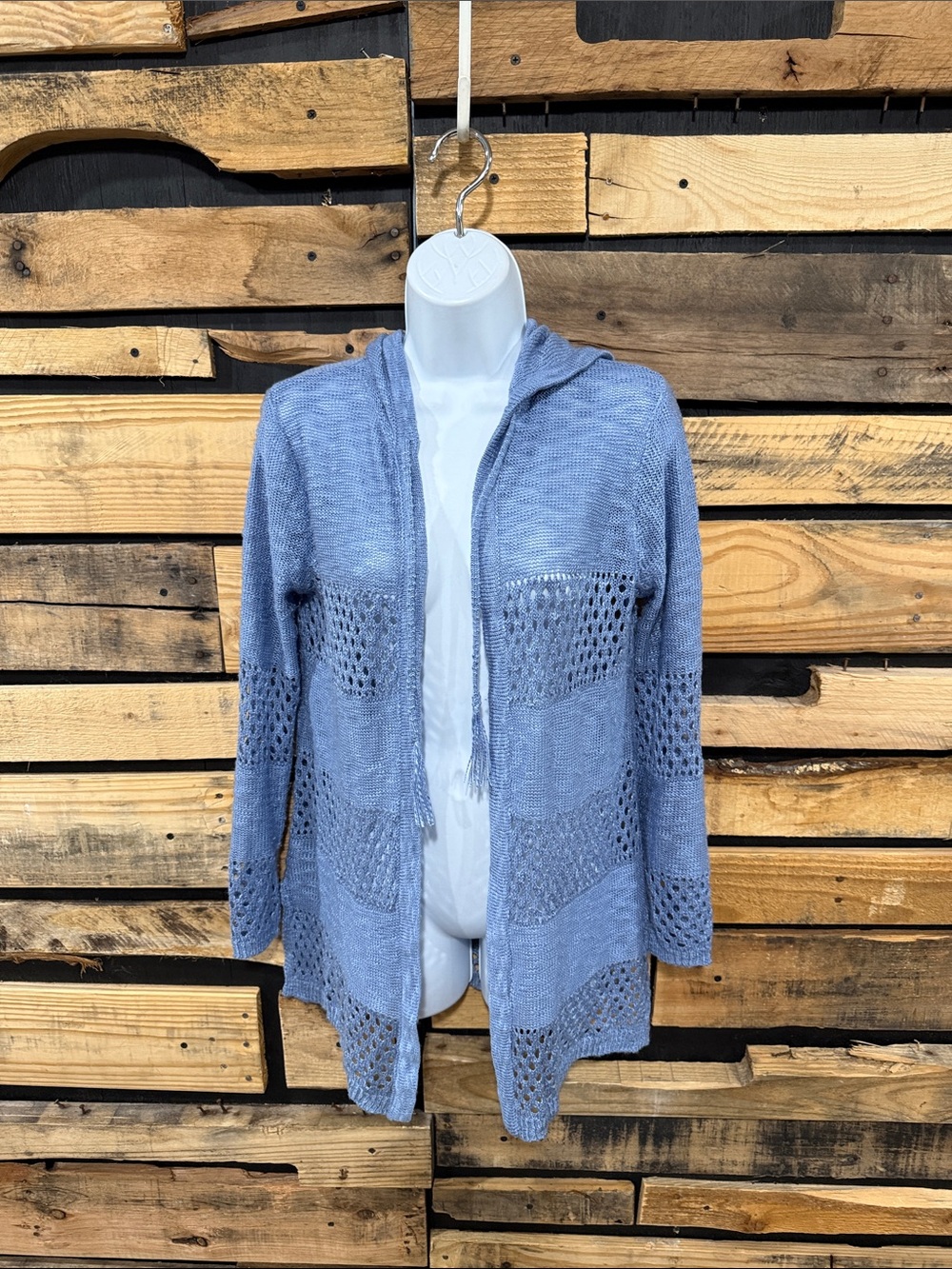 Love Ellie Amari Blue Crochet Knit Airy Pointelle‎ Detail Open Hooded Cardigan M